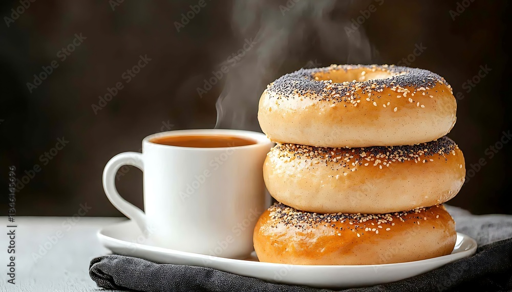 Steaming Bagels & Coffee for Breakfast Table. Steaming Bagels & Coffee for Breakfast Table.