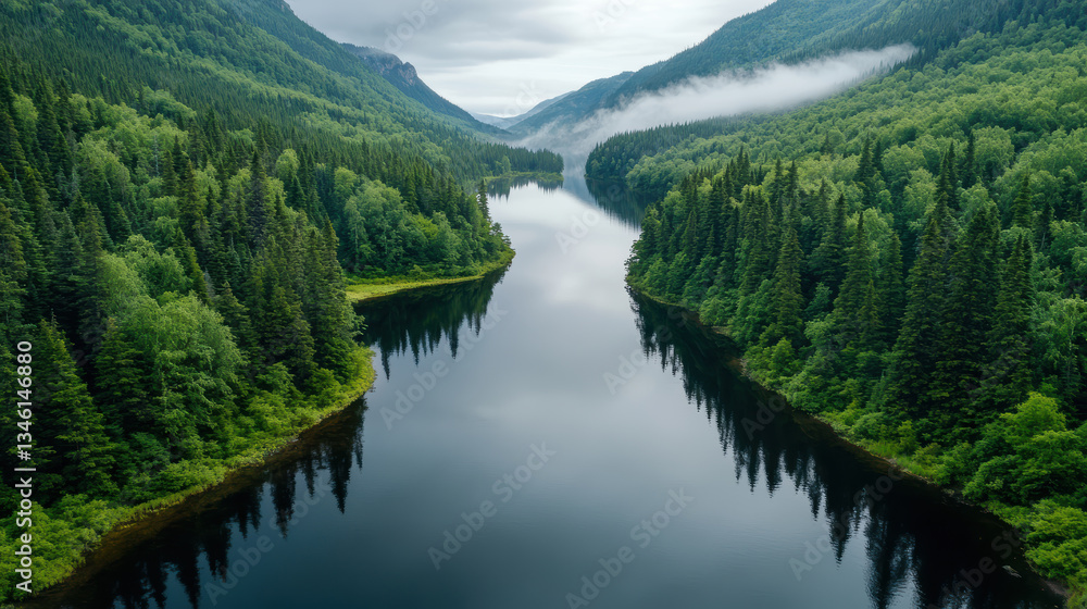 Fototapeta premium Serene mountain lake surrounded by lush forests and misty mountains reflects tranquility