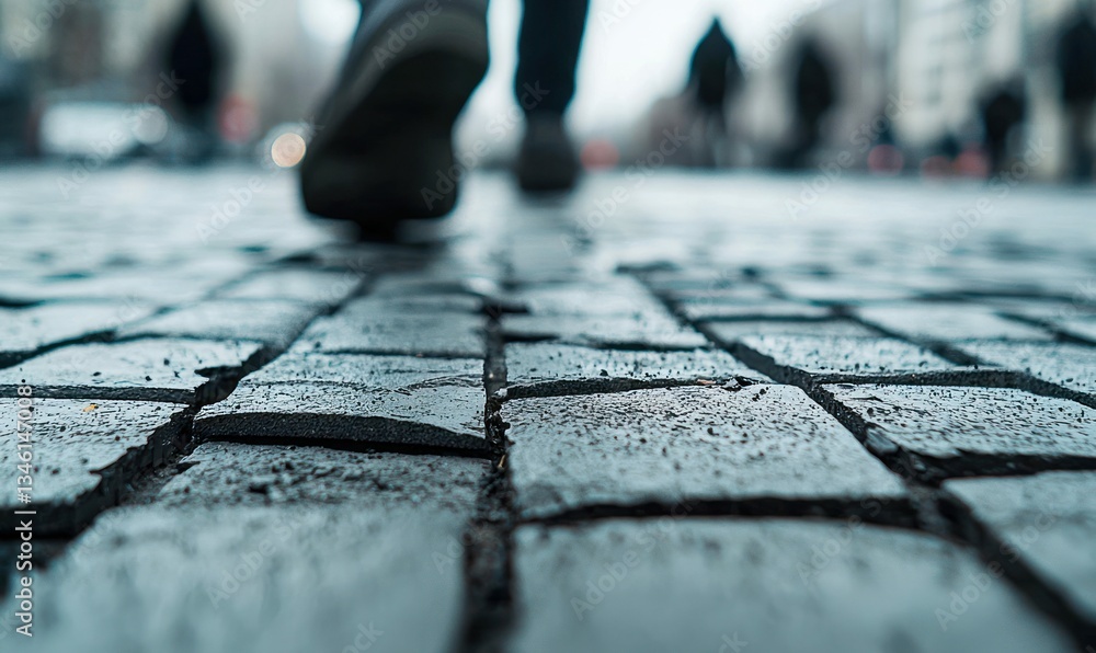 Fototapeta premium A blurred figure walks on the wet cobblestones, creating a sense of movement and urban exploration.