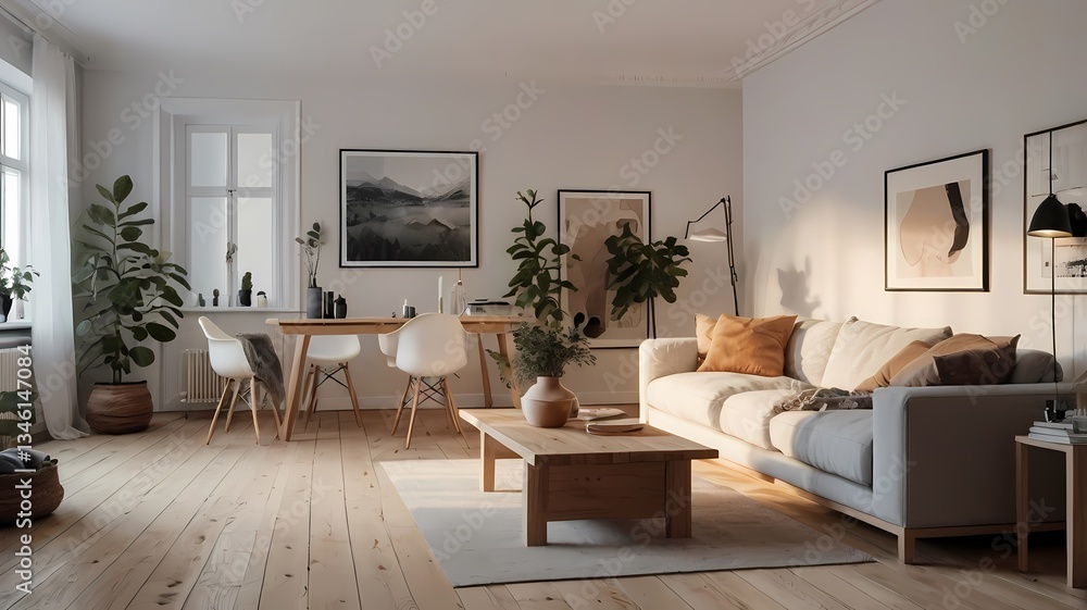 Scandinavian Minimalism – A cozy Scandinavian apartment with white walls, wooden floors, modern furniture, and warm lighting Scandinavian Minimalism – A cozy Scandinavian apartment with white walls, wooden floors, modern furniture, and warm lighting