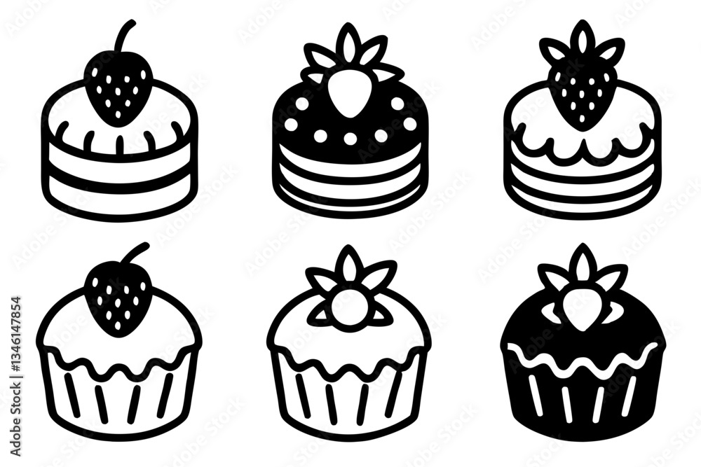 set of creative cake with strawberries silhouette vector illustration set of creative cake with strawberries silhouette vector illustration