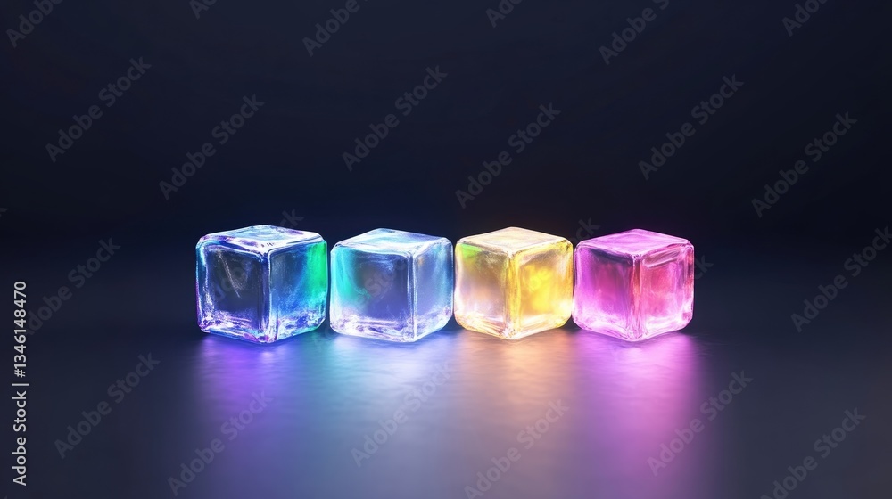 Four glowing, vibrant ice cubes in various colors