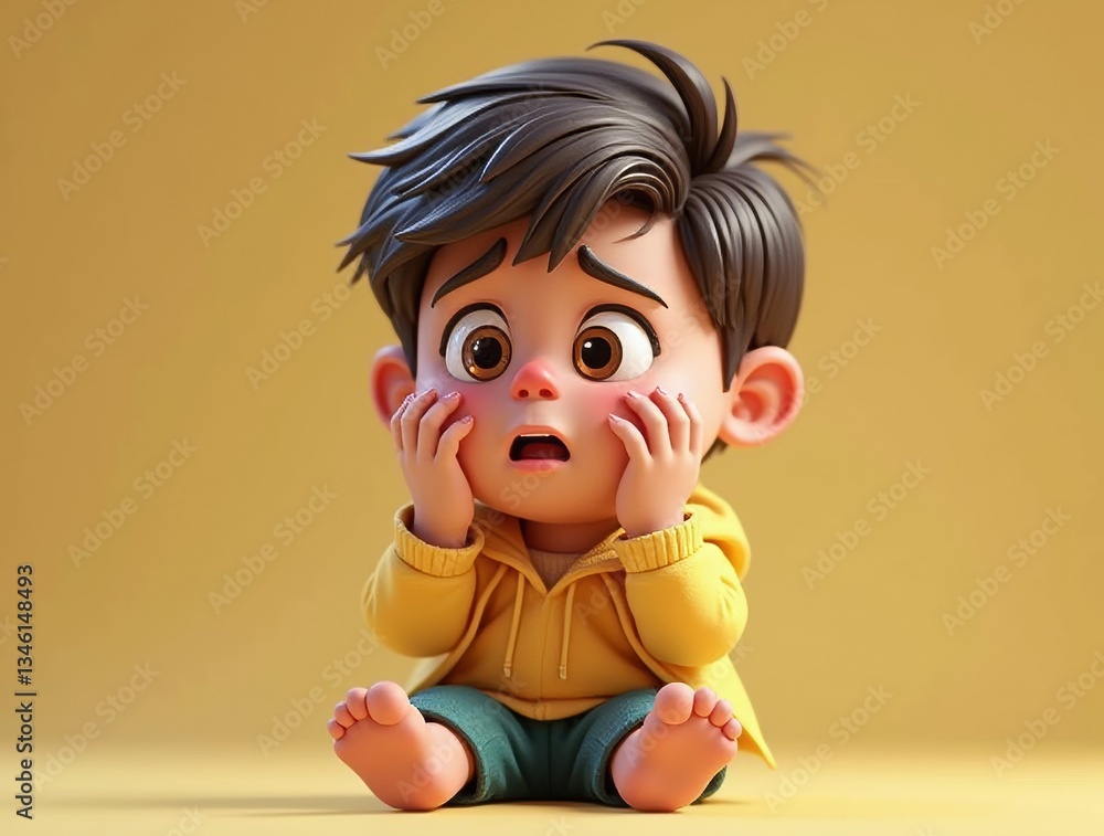 Worried Cartoon Toddler: A digitally rendered toddler with a worried expression, sitting barefoot against a soft yellow background. Worried Cartoon Toddler: A digitally rendered toddler with a worried expression, sitting barefoot against a soft yellow background.
