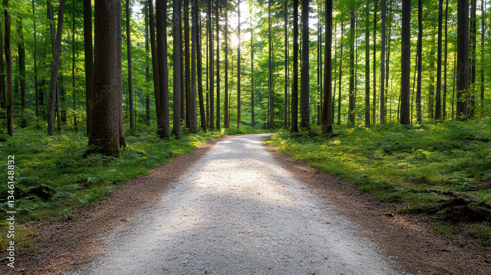 Obraz premium serene forest path surrounded by tall trees, illuminated by soft sunlight
