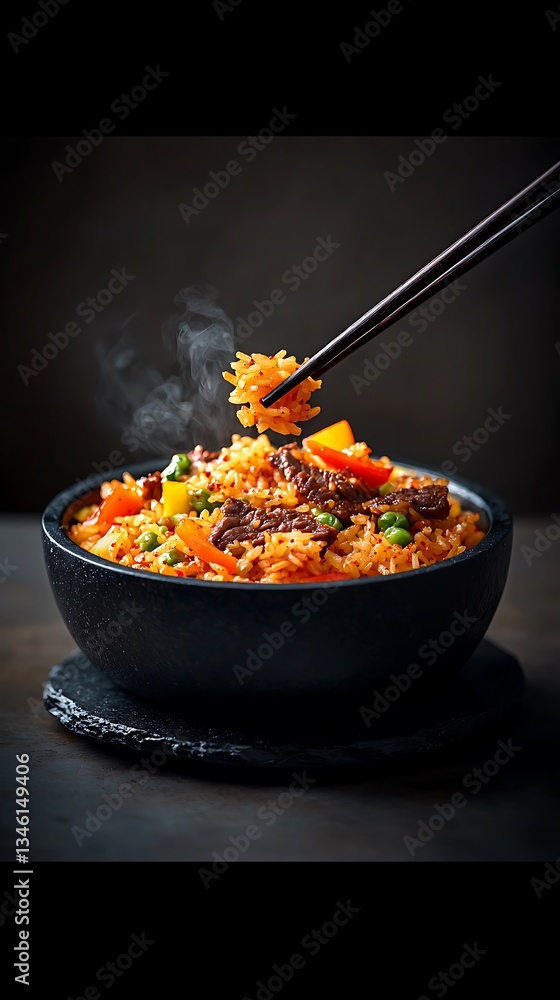 Steaming Beef Stir-Fry for Chopsticks, Dark Background. Steaming Beef Stir-Fry for Chopsticks, Dark Background.
