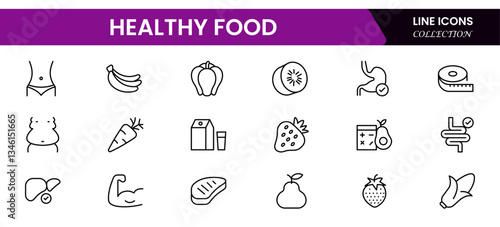 Nutrition set of web icons in line style. Healthy food linear icon collection. Containing food, vegetables, water, palm oil free, сaunt calories, zero trans fat, probiotics and more.