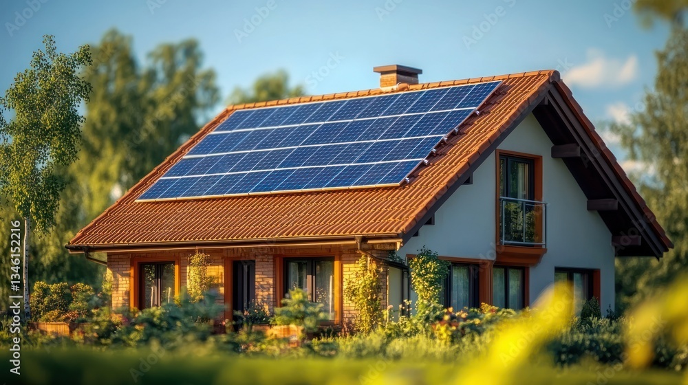 Photovoltaic House with Solar Energy Installation Surrounded by Nature and Greenery Photovoltaic House with Solar Energy Installation Surrounded by Nature and Greenery
