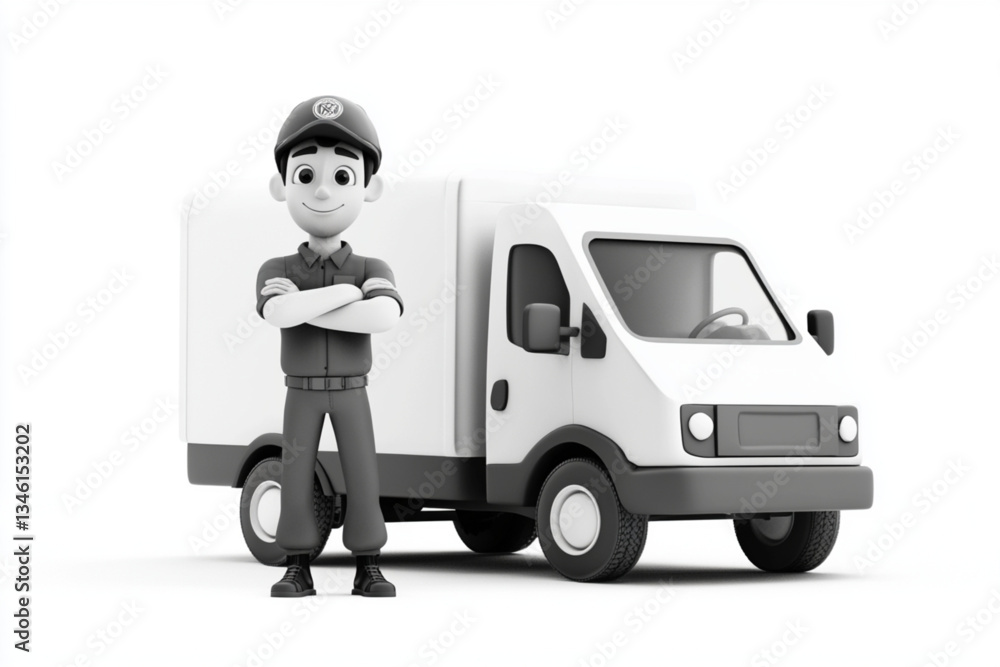 Cartoon delivery man standing next to a delivery truck Cartoon delivery man standing next to a delivery truck