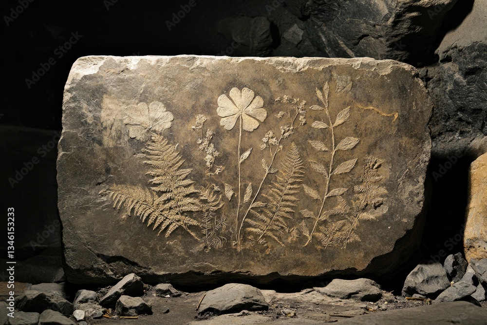 A stone slab with fossilized flowers and ferns, resembling an ancient botanical illustration