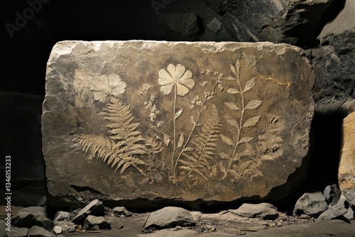 Obraz na płótnie A stone slab with fossilized flowers and ferns, resembling an ancient botanical illustration w salonie