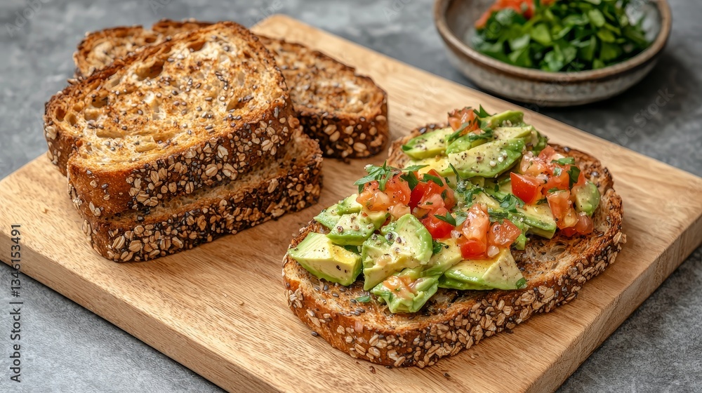 Plant-based diets Food concept. Sandwich featuring whole grain bread topped with fresh avocado, tomatoes, and herbs, served on a wooden cutting board. Plant-based diets Food concept. Sandwich featuring whole grain bread topped with fresh avocado, tomatoes, and herbs, served on a wooden cutting board.