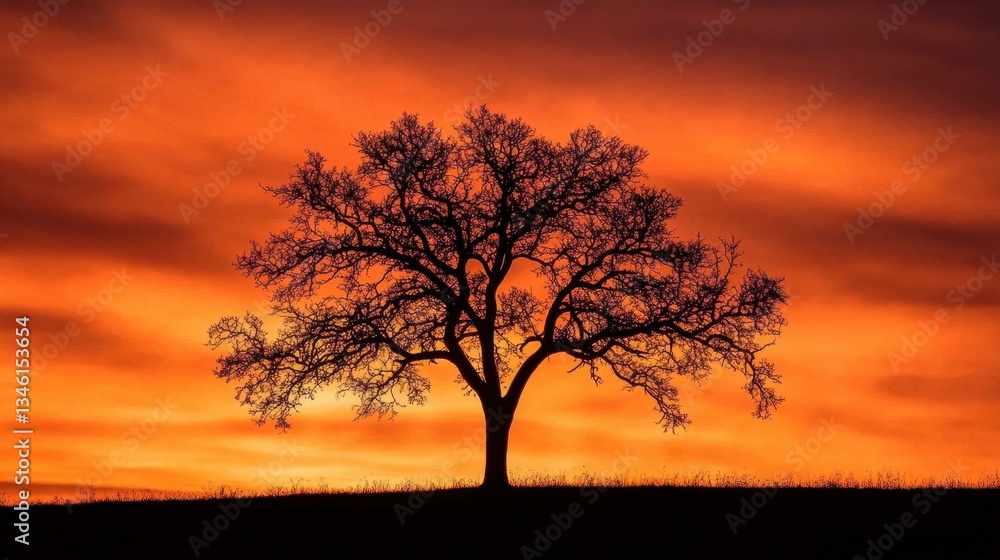 Obraz premium A tree with a glowing outline appearing as a silhouette against a fiery orange-red sky