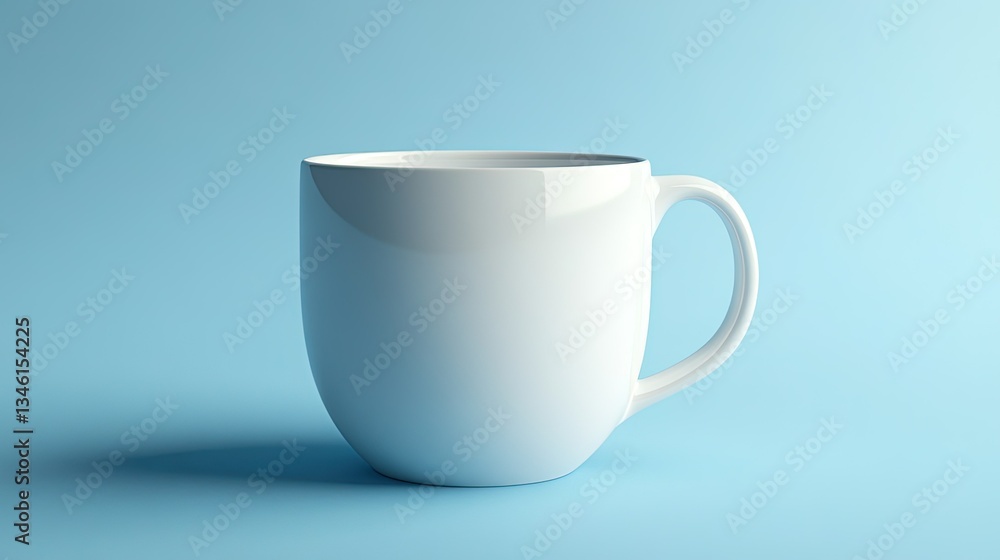 Fototapeta premium A plain white ceramic cup with a glossy finish on a solid light blue background, full view, realistic lighting and shadow.