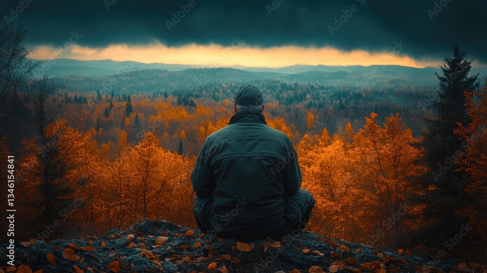 Obraz premium A person sitting and looking at a beautiful fall landscape