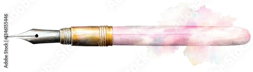 Elegant fountain pen with a golden nib, featuring a unique watercolor design, isolated on a white background.
