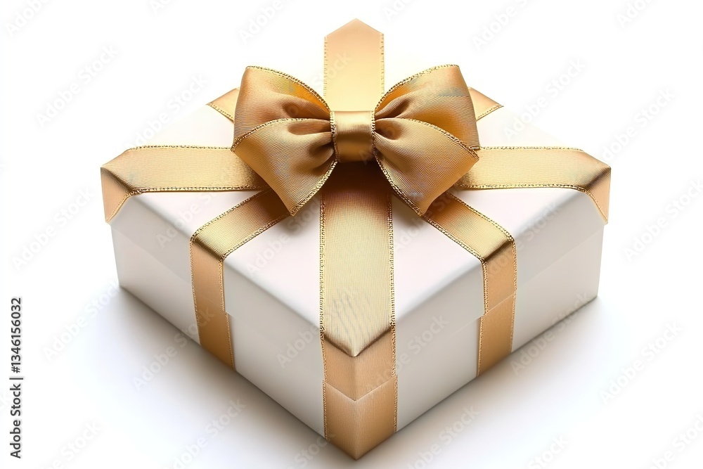 Fototapeta premium Isolated on a white background is a white present box with a golden ribbon bow. Generative Ai