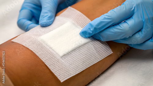 wound care products gauze A healthcare professional applying a sterile bandage to a patient's arm.