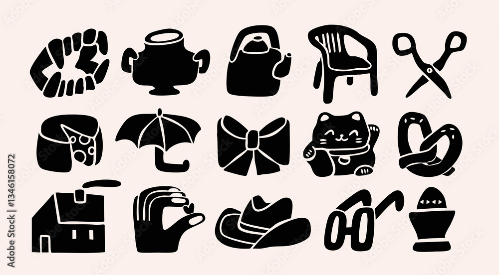 Set of Various black Doodle icons. Different elements. Teeth, pot, chair, scissors, cheese, maneki, pretzel, hat, umbrella, egg etc. Hand drawn trendy Vector illustration. All elements are isolated Set of Various black Doodle icons. Different elements. Teeth, pot, chair, scissors, cheese, maneki, pretzel, hat, umbrella, egg etc. Hand drawn trendy Vector illustration. All elements are isolated