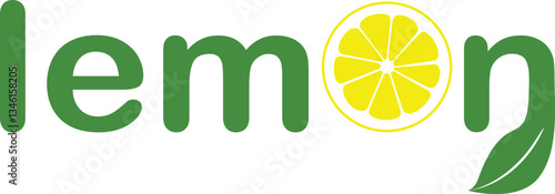 Word lemon design decorated with lemon slice and leaves