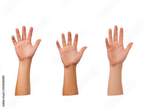 Isolated Transparent Background Photo of Three Human Hands and Arms Showing Skin Fingers and Body Reaching Up Representing Gesture with Transparent Background