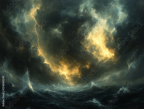 Epic Sea Storm with Dramatic Lightning: A Turbulent Ocean Scene Under Dark, Ominous Clouds and Electric Skies, Evoking Power and Chaos
