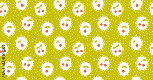 Seamless patterns with doodle cherry in oval frames on green.Trendy vintage wallpaper background. Hand drawn vector illustration. Easter spring wrapping paper, social media cottagecore print.