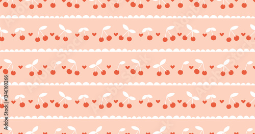 Seamless patterns with doodle cherries on pink.Trendy horizontal stripe background. Hand drawn vector illustration. Easter spring wrapping paper, social media cottagecore print.