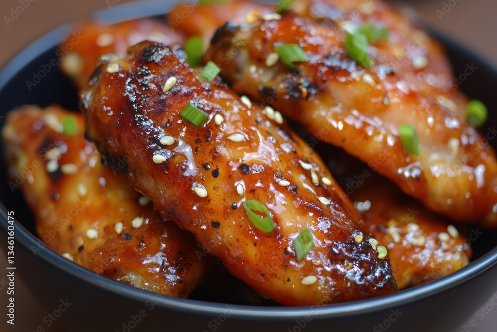 Deliciously glazed chicken wings served in a bowl with sesame seeds and green onions Deliciously glazed chicken wings served in a bowl with sesame seeds and green onions