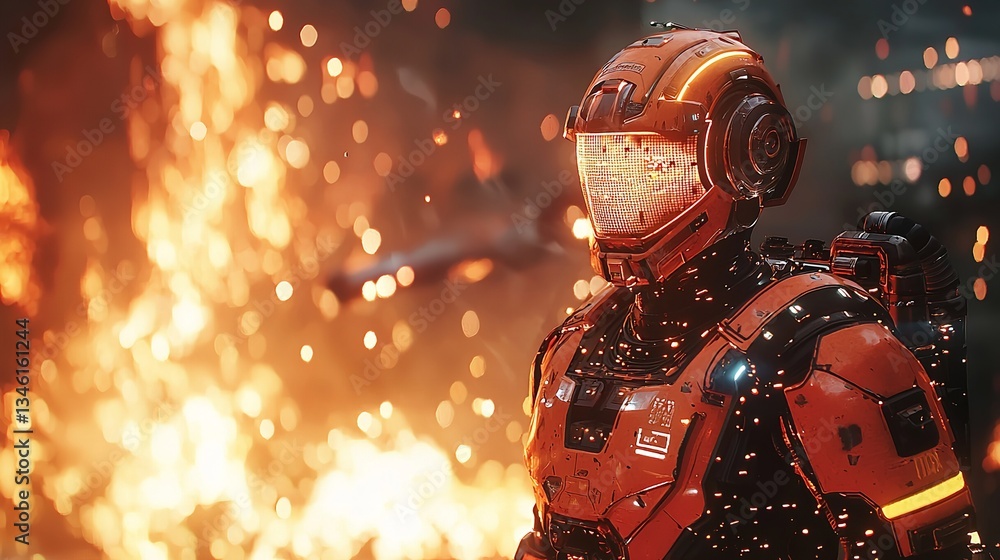 Crimson robot Armored Figure Amidst Fiery Destruction Crimson robot Armored Figure Amidst Fiery Destruction