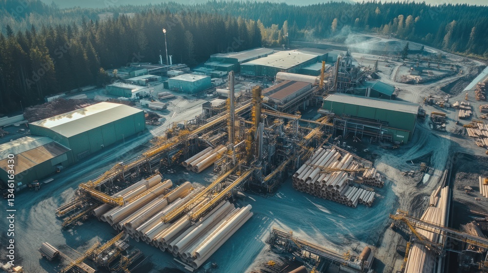 Obraz premium Aerial View of a Modern Wood Processing Plant in a Forest