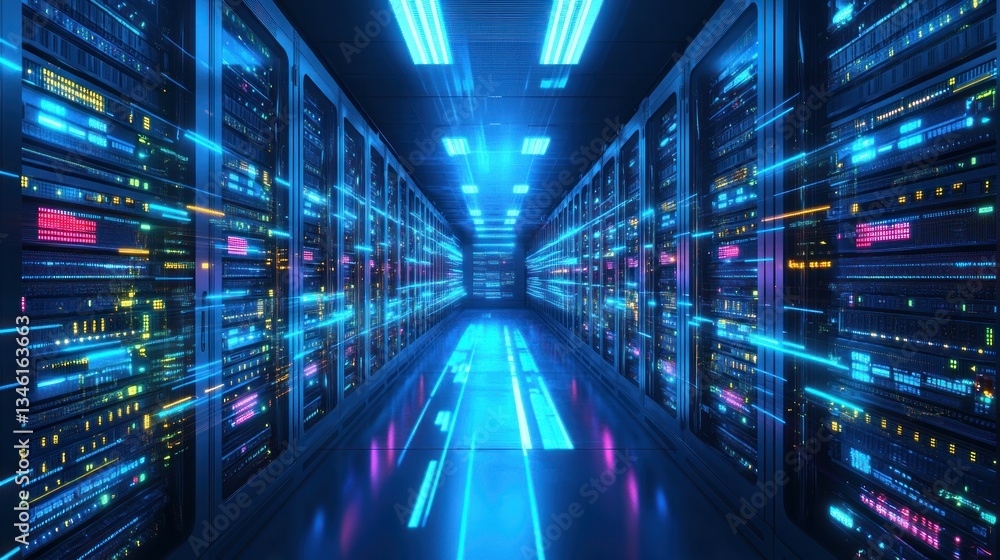Fototapeta premium Futuristic Data Center: A Virtual Corridor of Light and Information