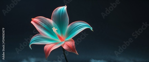 Fototapeta Naklejka Na Ścianę i Meble -  A luminous teal and coral flower glows in the dark.
