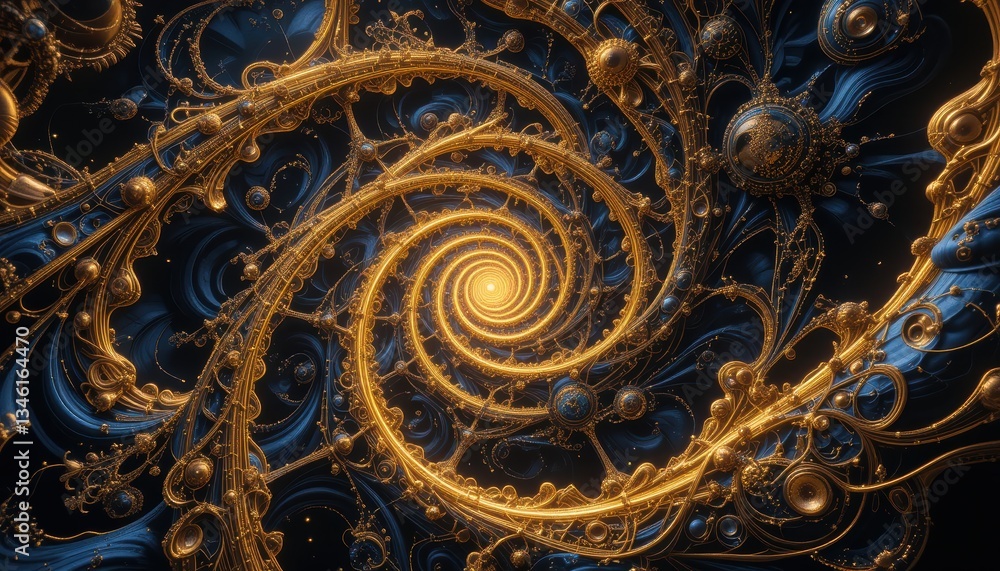 Obraz premium Intricate golden spiral on blue background