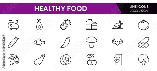 Nutrition set of web icons in line style. Healthy food linear icon collection. Containing food, vegetables, water, palm oil free, сaunt calories, zero trans fat, probiotics and more.