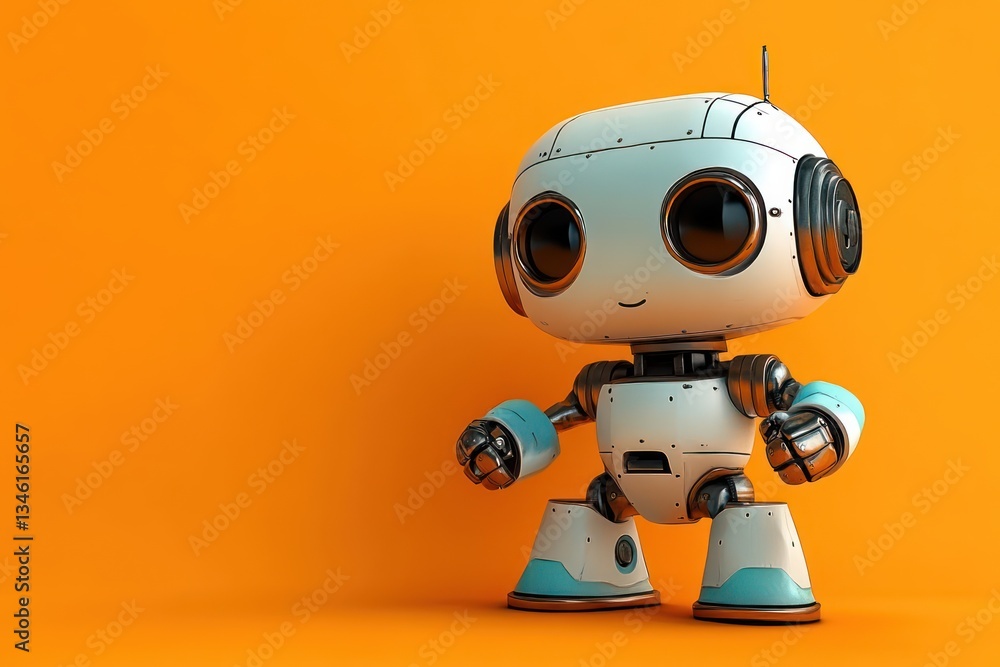 Cute Retro Robot with Cheerful Expression Pointing in Direction Friendly Character in 3D Illustration Cute Retro Robot with Cheerful Expression Pointing in Direction Friendly Character in 3D Illustration