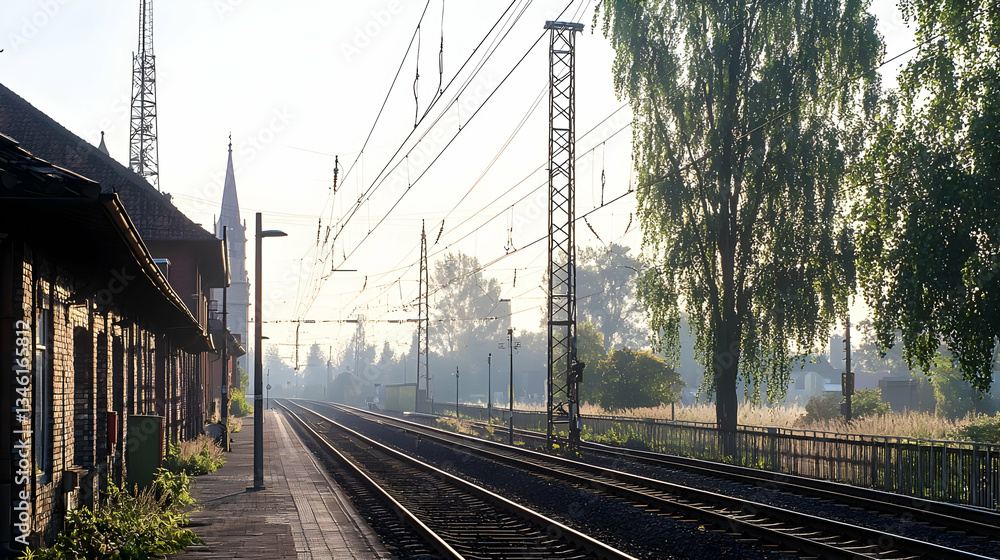 Fototapeta premium Historic Brick Railway Station Building With Parallel Tracks And Trees Under Sunny Sky