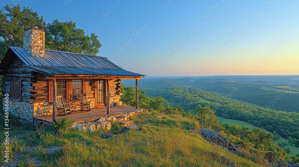 Small cabin overlooking a scenic mountain vista at sunset or sunrise Small cabin overlooking a scenic mountain vista at sunset or sunrise