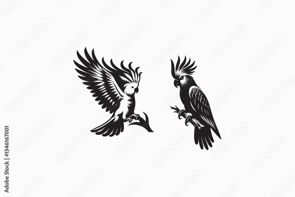 Naklejka premium A Cockatoo bird vector silhouette black and white image made by adobe illustrator. eps