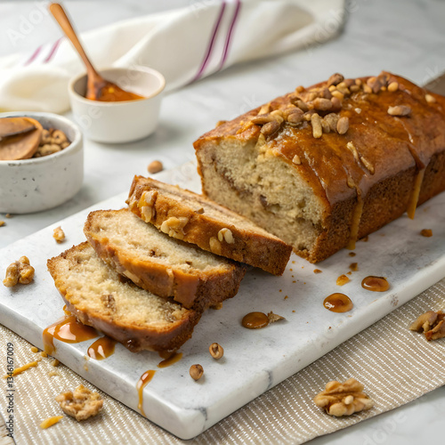 sliced banana nut bread drizzled homemade caramel