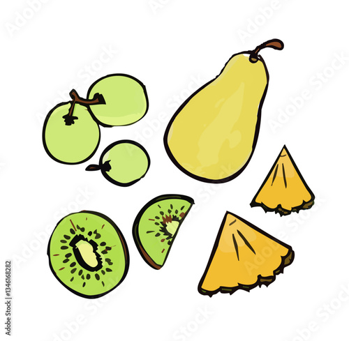 Fruits poire raisin kiwi ananas illustration dessin vectoriel