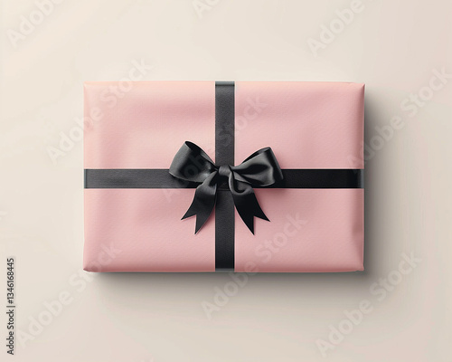pink gift box with black ribbon on Gray background top view 