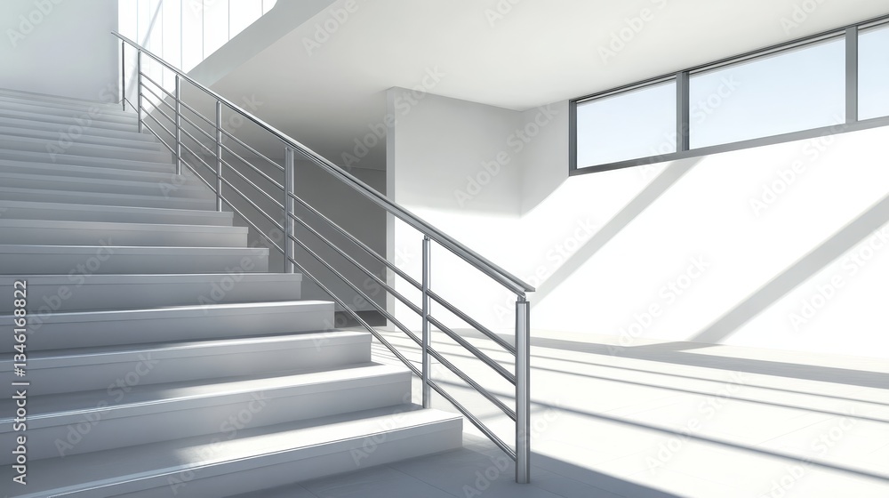 Obraz premium Modern staircase in a bright, minimalist interior with large windows and shadows
