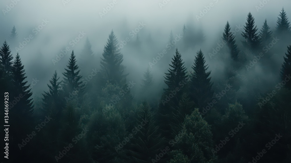 Lush evergreen trees rise above the ground, shrouded in a dense fog. The atmosphere is serene, evoking a sense of calmness in the early morning light Lush evergreen trees rise above the ground, shrouded in a dense fog. The atmosphere is serene, evoking a sense of calmness in the early morning light