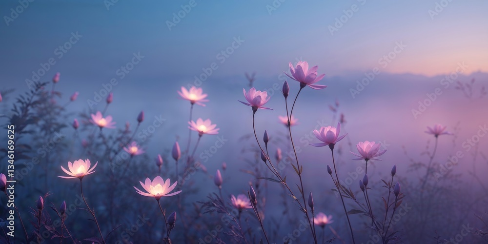 Fototapeta premium Mysterious glowing floral landscape at twilight high resolution image