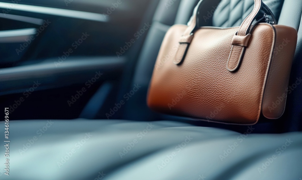 Fototapeta premium A brown leather handbag sits stylishly on the plush backseat of a modern luxury car.