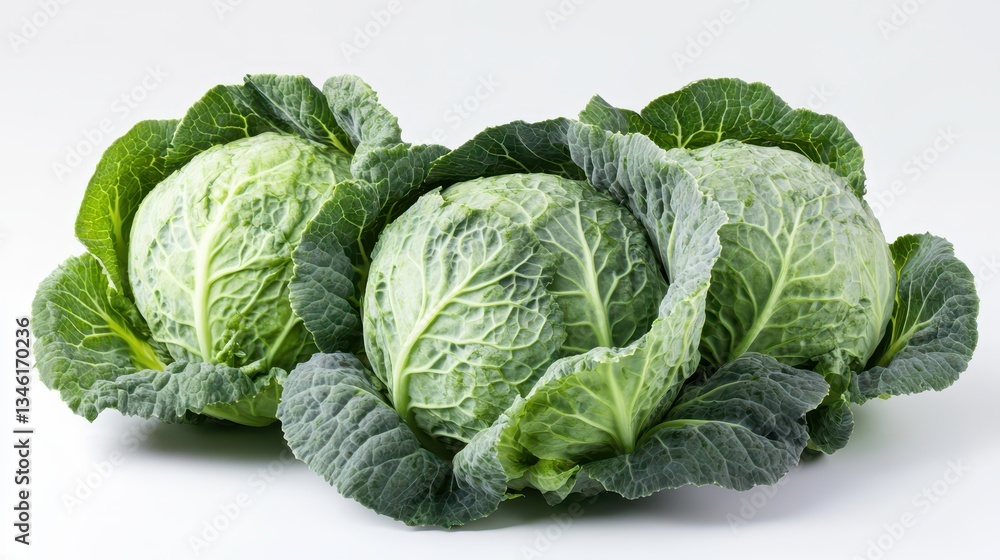 Obraz premium Three fresh green cabbages are neatly arranged, displaying their crisp, vibrant leaves. The green hues are rich and enticing, highlighting their freshness and health