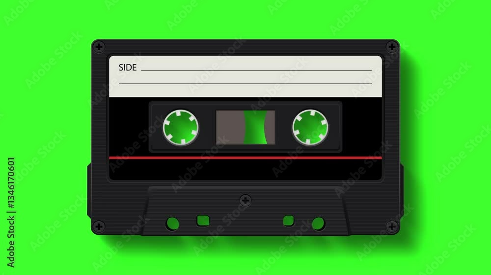 Retro analog audio cassette black spinning and playing music on green background Retro analog audio cassette black spinning and playing music on green background