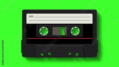 Retro analog audio cassette black spinning and playing music on green background