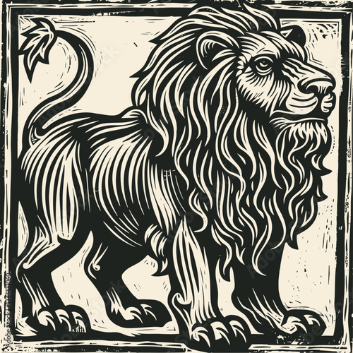 Wallpaper Mural Vector illustration of lion in woodcut style with detailed mane and muscular body. Black and white square format artwork showing powerful feline in vintage linocut technique with bold lines. Torontodigital.ca