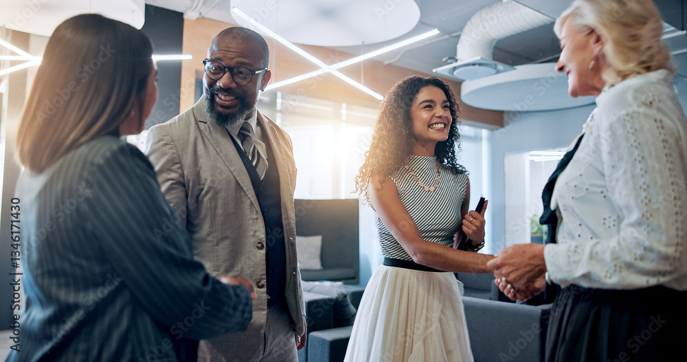 Obraz premium Meeting, handshake and happy business people in office for partnership, agreement and thank you. Corporate, teamwork and men and women shaking hands for collaboration, success and b2b networking
